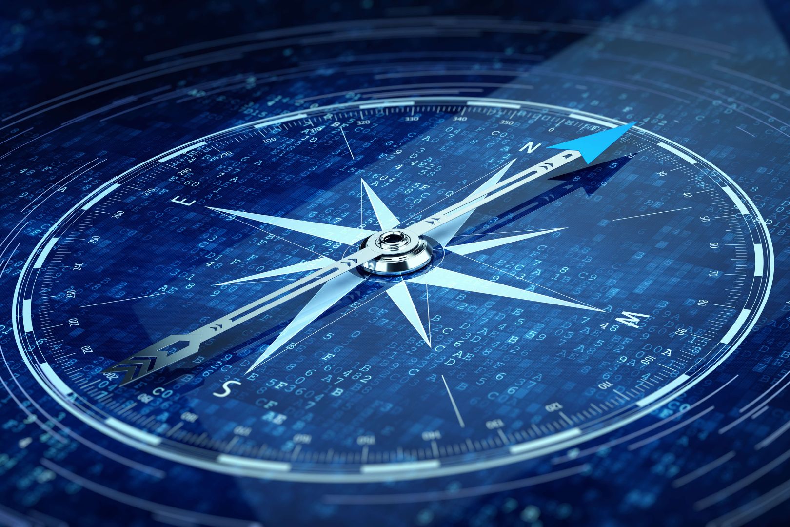 Compass Direction On Digital Code Blue Background. 3d rendering